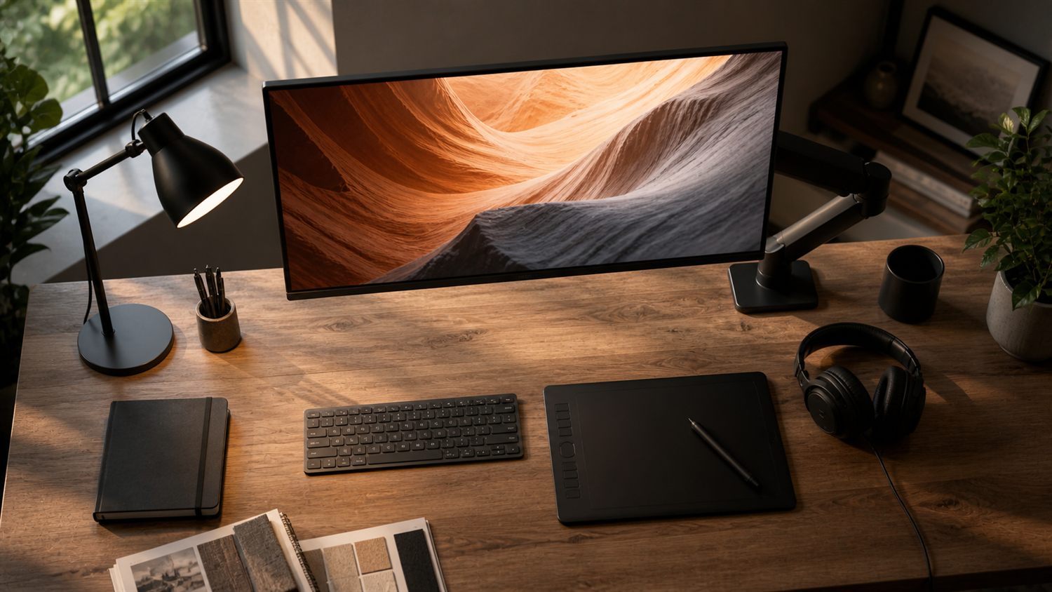 Creative workstation with 32 inch 4K monitor and Wacom tablet for design work
