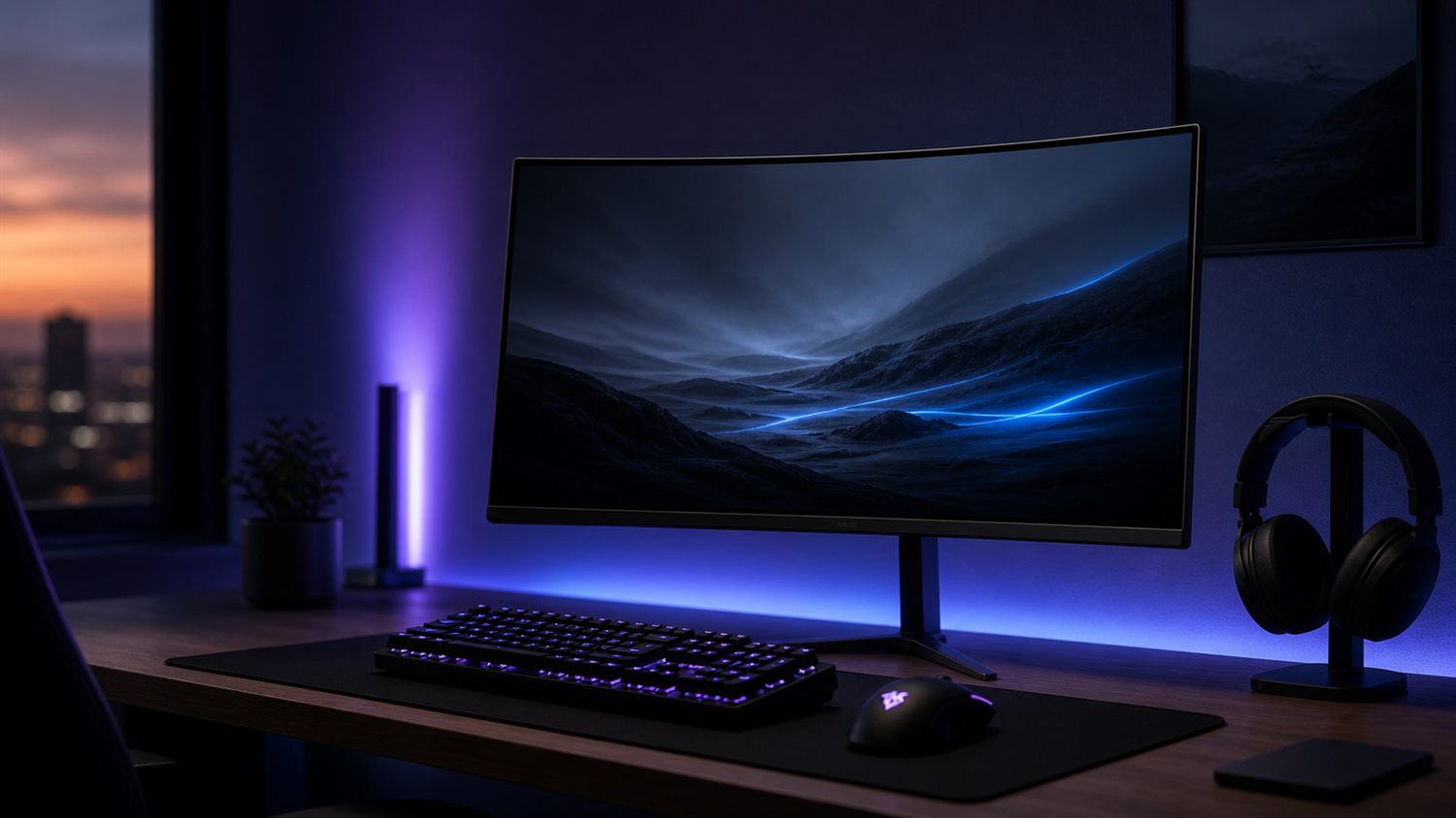 Gaming setup with curved 27 inch monitor at high refresh rate, RGB-lit desk