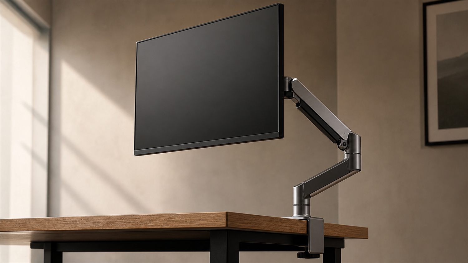 27 inch monitor on an adjustable VESA monitor arm clamped to the desk for ergonomic positioning